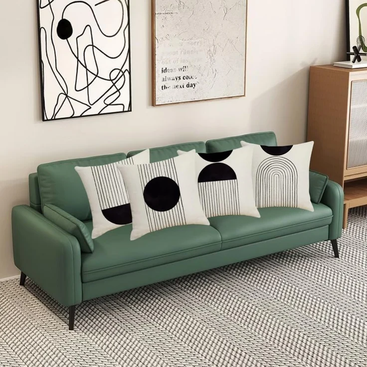 Kissenbezüge 45×45 cm 4er-Set Boho Schwarz/Beige, Mid-Century Arch Sun, Baumwoll-Leinen, Sofa Deko – Bild 3
