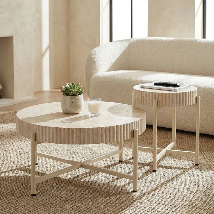 PPkrimnel Couchtisch Beistelltisch 2er-Set, Travertin-Optik, 70x36cm & 40x46cm (2-St), Metallrahmen für Wohnzimmer, Schlafzimmer und Büro – Bild 1