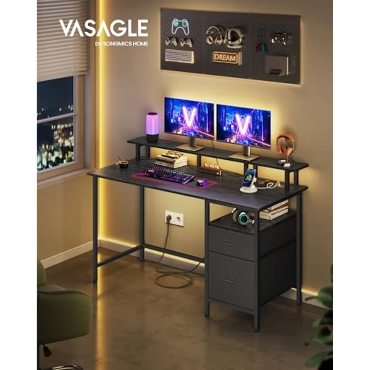 VASAGLE Gaming-Schreibtisch, mit Schubladen aus Stoff, Computertisch mit Bildschirmhalterung, Mehrfachsteckdose, 2 USB-Anschlüsse, für Heimbüro, 140x60 cm, Schwarz Holz LWD094B56V1 – Bild 3
