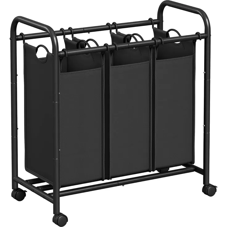 Wäschekorb, Wäschesammler mit 3 abnehmbaren Stofftaschen, Wäschebehälter auf Rollen, Wäschesortierer, stabil, 3x44Liter, Schwarz LSF003B