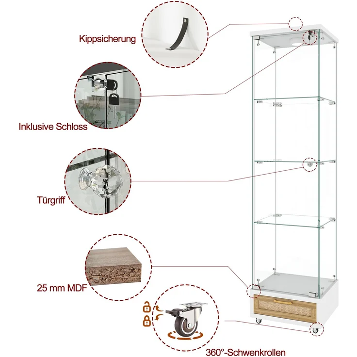 Moderne Glasvitrine mit Schubladen,Vitrine mit LED-Beleuchtung,Bücherregal aus gehärtetem Glas,Eintüriger Schrank mit vier EinlegebödenGeeignet für Wohn- und Schlafzimmer, weiß-H167/B42.5/T36.5 cm--Weiß--42.5x36.5x167cm--YOUDENOVA – Bild 7