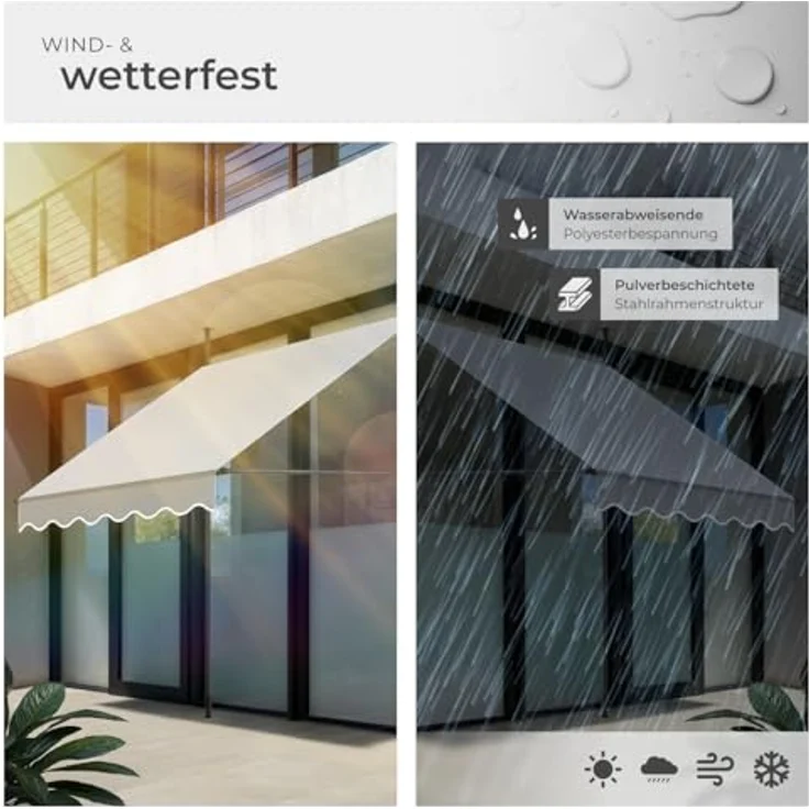 tectake® Klemmmarkise mit Handkurbel, Balkon Markise ohne Bohren, Markise höhenverstellbar, UV-beständig, wasserabweisend, Terrassenüberdachung, Sonnenschutz Terrasse & Balkon, Breite 150 cm -hellgrau – Bild 5