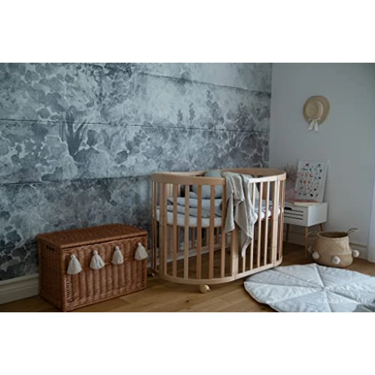 Waldin Oval Babybett Mitwachsend Komplett Set 7in1 - Baby Gitterbett mit Matratze - Babybetten mit Wickelkommode - Baby Bett mit Rollen - Mitwachsendes Kinderbett - Baby Bed - Beistellbett Holz – Bild 8