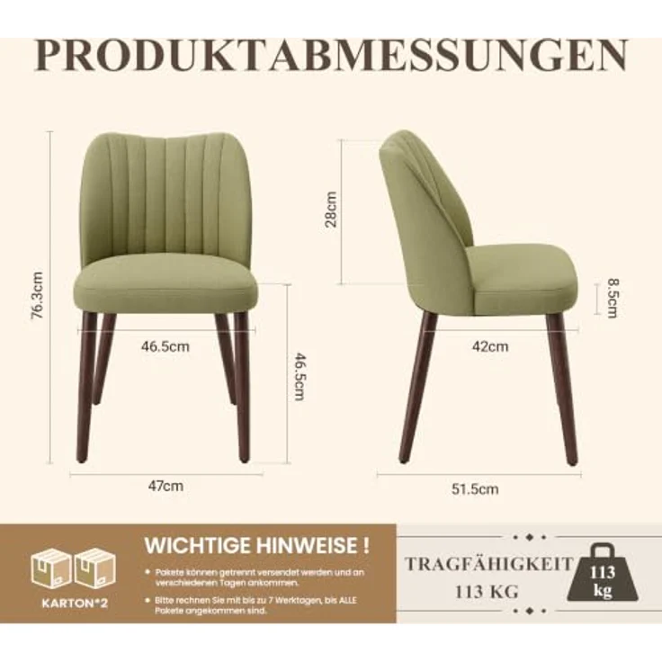 MALOL Esszimmerstühle 4er Set, Polsterstühl mit Rückenlehne, Ergonomisch Gepolsterte Küchenstühle mit vertikaler Rillenlehne, Moderne Esszimmer Stühle für Esstisch Wohnzimmer Café Restaurant, Grün – Bild 2