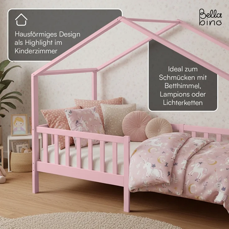 Bellabino 'Bia' Hausbett 90x200 cm, rosa, Kiefer Massivholz, Montessori Kinderbett mit Rausfallschutz und Lattenrost – Bild 5