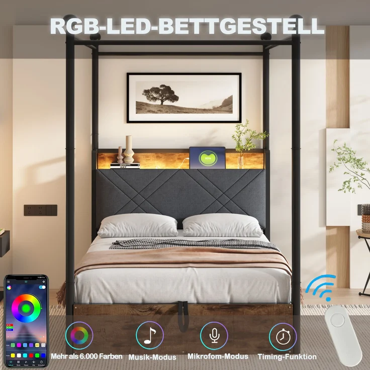Bett 90x190 cm, Smart-Himmelbett mit hydraulischem Bettkasten, Metalll-Holz-Mix, integrierte LED & USB/Type-C,Schwarz – Bild 5