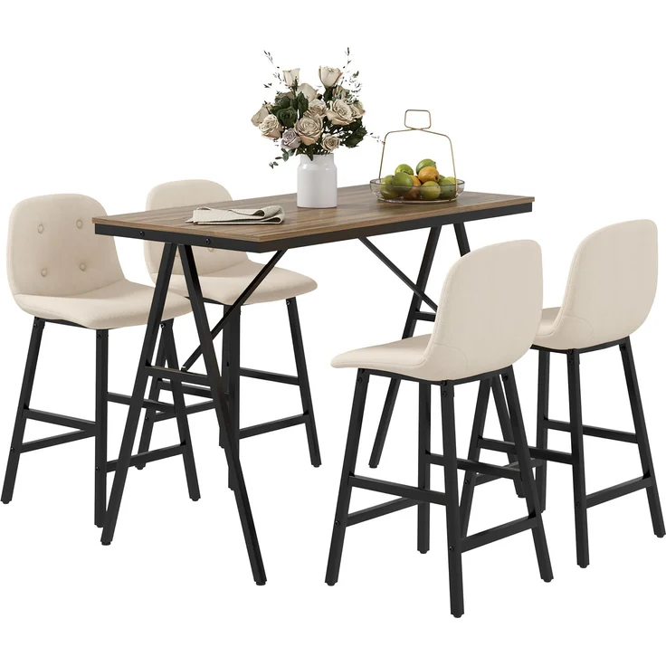 MELAYR, Bargarnitur 5-teilig, Tisch und 4 Stühle, Knopfheftung, dicke Polsterung, Leinenoptik, Beige, 120 x 60 x 91 cm – Bild 2