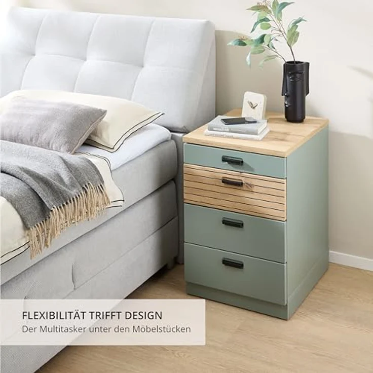 Stella Trading Glenn Rollcontainer Schreibtisch in Schilfgrün, Artisan Eiche Optik - Mobiler Büroschrank mit Schubladen - 45 x 66 x 55 cm (B/H/T) – Bild 6