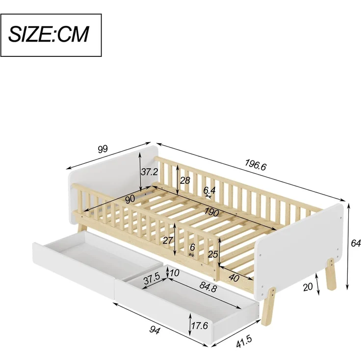 Ball & Cast Kinderbett (90x190cm) mit 2 Schubladen und Rausfallschutz, Juniorbett aus Massivholz mit Lattenrost, Einfach & Zeitsparend Montierbar, Weiß – Bild 10