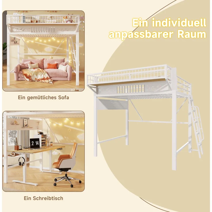 Hochbett,140 x 200 cm, Metallbettgestell, Staufächer, offene untere Ebene, Ohne Matratze, Weiß – Bild 5