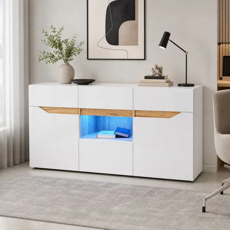 DESVIAE Sideboard mit LED-Beleuchtung und 4 Schubladen 140x70x40 cm Spanplatte Weiß/Naturholz