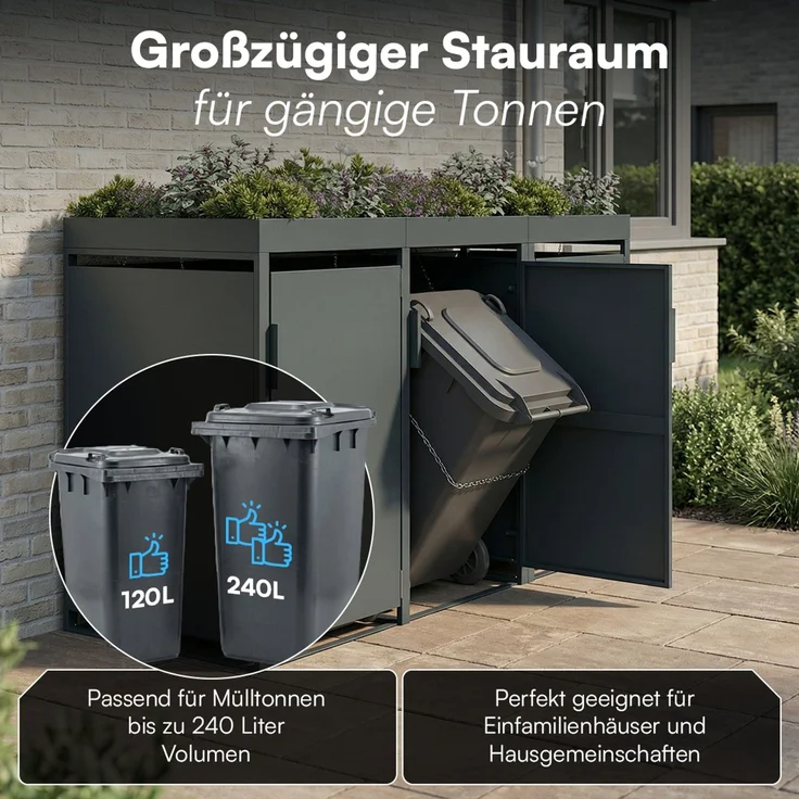 STEELSØN 'Thoria' Mülltonnenbox 3er je 240 Liter, anthrazit, Mülltonnenverkleidung aus Stahl, wetterfest, 125x80x203 cm, Müllbox mit Pflanzendach für 3 Tonnen – Bild 2