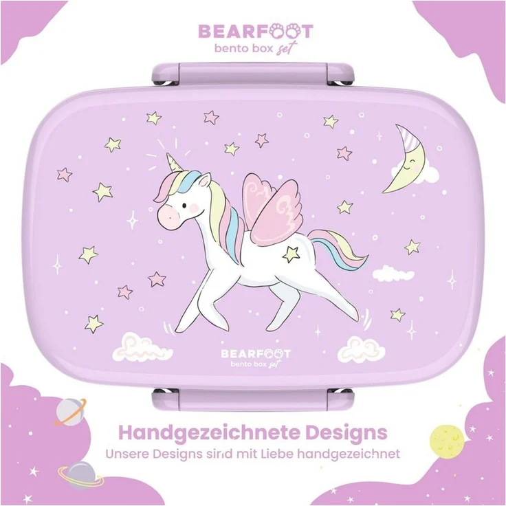 BEARFOOT Lunchbox Brotdose Kinder mit Fächern, leicht & auslaufsicher- Einhorn, Kindergarten und Schule - Mädchen und Jungen, Vesperbox, Snackbox