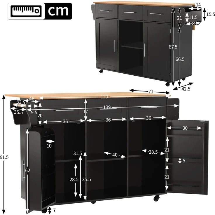 Merax 139x46(71)x91,5cm großer Esswagen/Anrichte, Korpus schwarz+Arbeitsplatte in Massivholzmaserung, klappbare Arbeitsplatte, Ablagetür, Rollen, auswechselbare Massivholzfüße – Bild 4