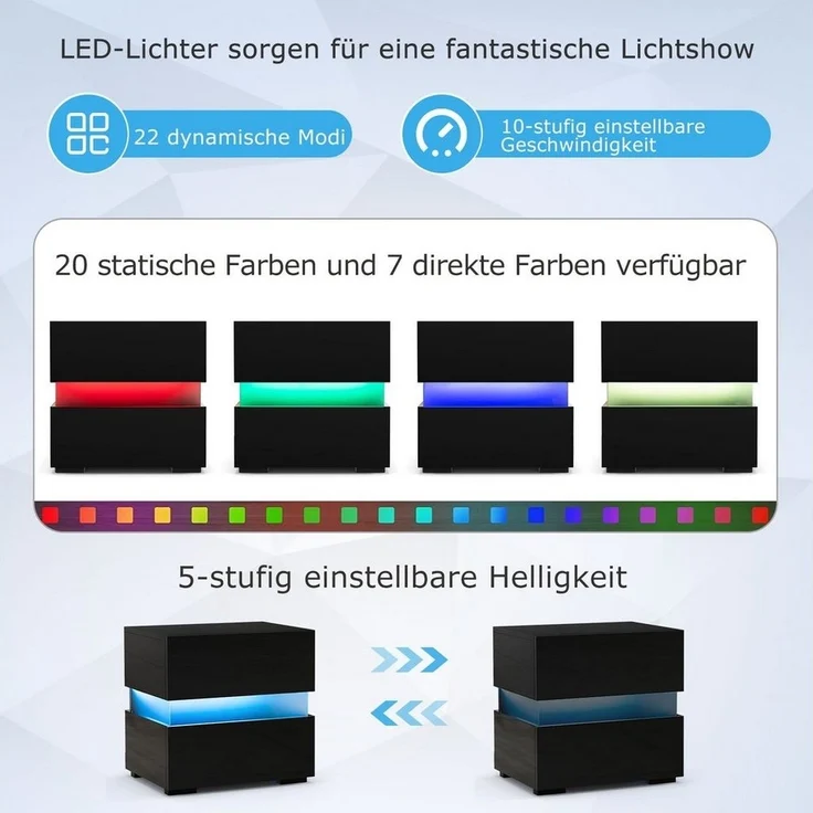COSTWAY Nachttisch, mit LED Beleuchtung, Fernbedienung, 20 Farben, Hochglanz – Bild 3