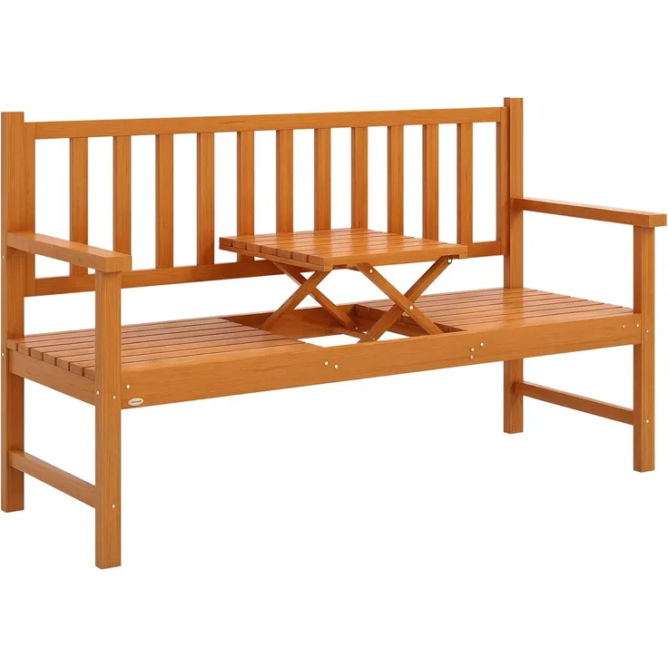 Outsunny Bank 3-Sitzer Sitzbank mit Tisch, Parkbank mit Armlehne (Holzbank, 1-St, Gartenbank), für Balkon, Terrasse, Hellbraun, 153 x 56 x 91 cm