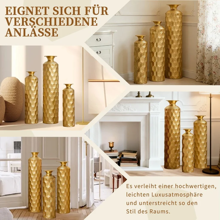 Goldene Metallbodenvasen 3er Set, Halbhandgefertigte Stehvasen mit Wabenmuster, Moderne Dekovasen für Wohnzimmer, Flur, Eingangsbereich, 50/65/85 cm Höhe--Gold--24.02x25.02x92.02cm--YOUDENOVA – Bild 2