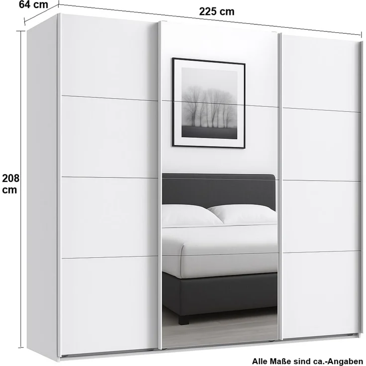 Schwebetürenschrank Kleiderschrank B225 cm H208 cm 3-türig Weiß, 1x Spiegeltür – Bild 5