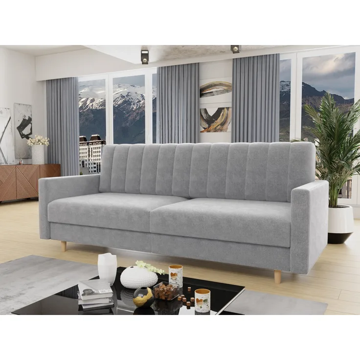 Schlafsofa Sara - Sofa mit Bettkasten und Schlaffunktion, Bettsofa, Schlafcouch mit Holzfüße, Velours (Grau (Paros 05))