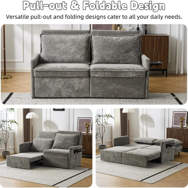 Schlafsofa mit Kissen und USB-Anschluss, 3-in-1-Sofa mit 5-fach verstellbarer Rückenlehne, klappbares Schlafsofa mit Stauraum, Chenille, Grau--Grau--172.5x71x95cm--YOUDENOVA – Bild 4