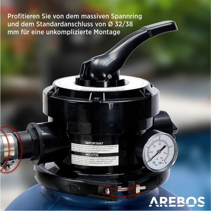 Arebos Sandfilteranlage mit Pumpe 350 W, 7-Wege-Ventil & 9500 l/h (max. 20 kg Sand), Geeignete Wassertemperatur: 10 - 35 °C – Bild 3