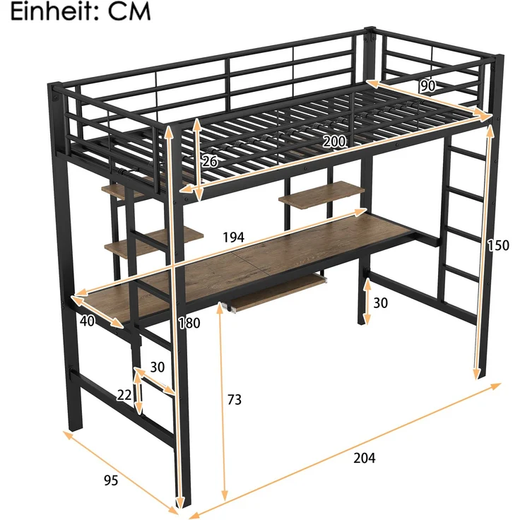 EINHOM Bettgestell Metallbett, Eisenbett, Hochbett mit Schreibtisch und Zwei Bücherregalen für Kinder, Jugendliche und Erwachsene, 90 x 200 cm, Schwarz, (Ohne Matratze) – Bild 2