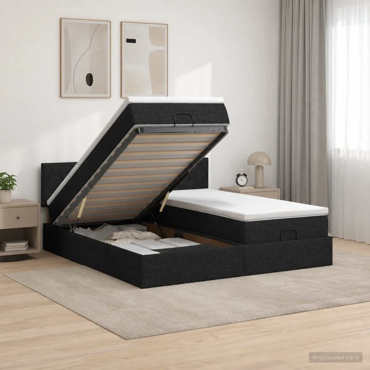 vidaXL Ottoman Bett mit Matratze mit Kopfteil 2 Stk. Schwarz Stoff 3456707 – Bild 1