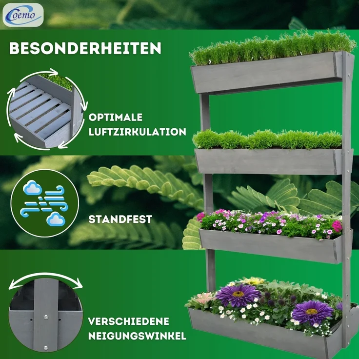 Coemo Vertikalbeet Vera Grau aus Holz Hochbeet 4 Etagen Kästen höhenverstellbar und neigbar – Bild 4