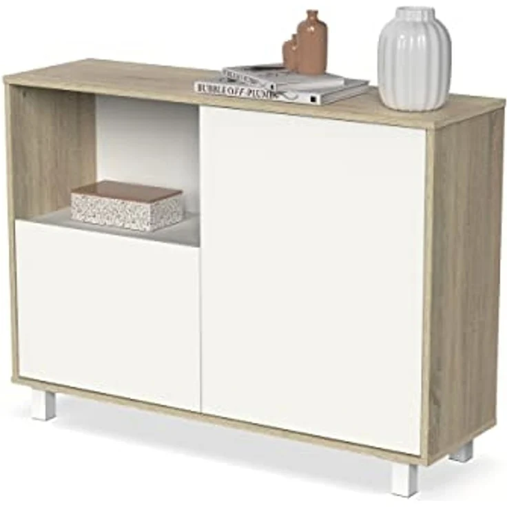 Muebles Pitarch | Sideboard für Wohn- und Esszimmer, Buffet, Möbelstück, 2 Türen und 1 Fach, mit Beinen, Weiß und Eiche Cambrian, 82,5 x 112 x 33 cm, Moderner Eingangsbereich, Tibet Kollektion – Bild 1