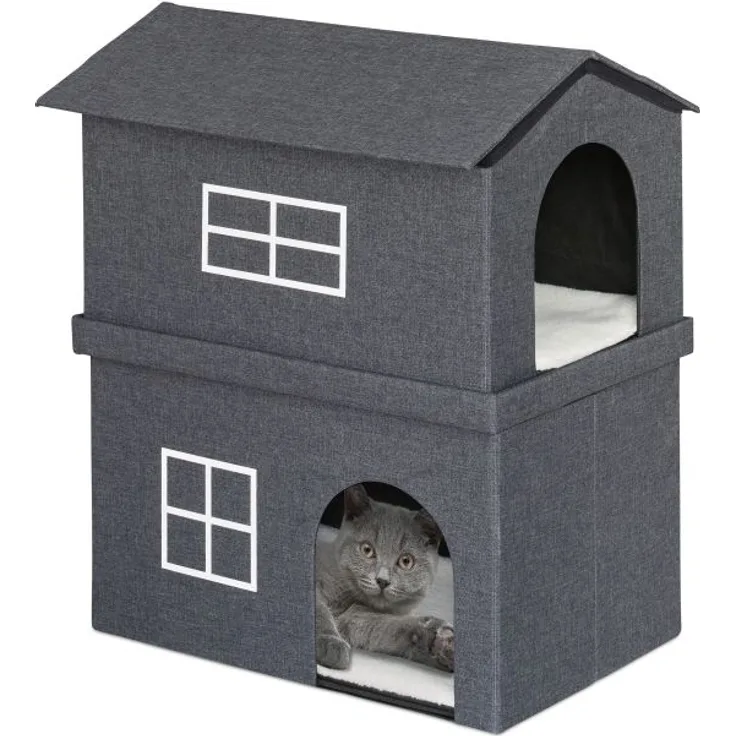 Relaxdays Katzenhaus 2 Etagen für drinnen, 71,5 x 44 x 62,5 cm, Grau