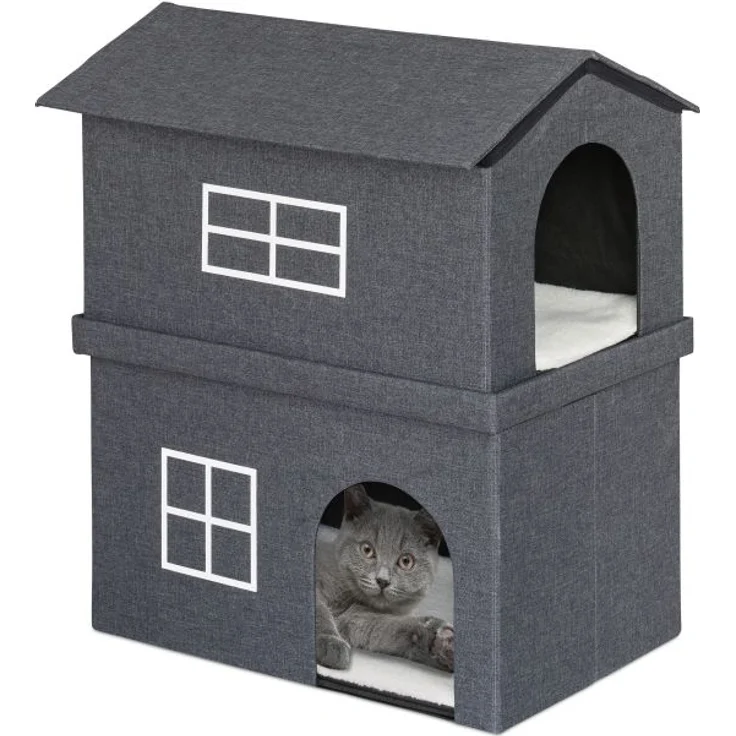 Relaxdays Katzenhaus 2 Etagen für drinnen, 71,5 x 44 x 62,5 cm, Grau – Bild 1