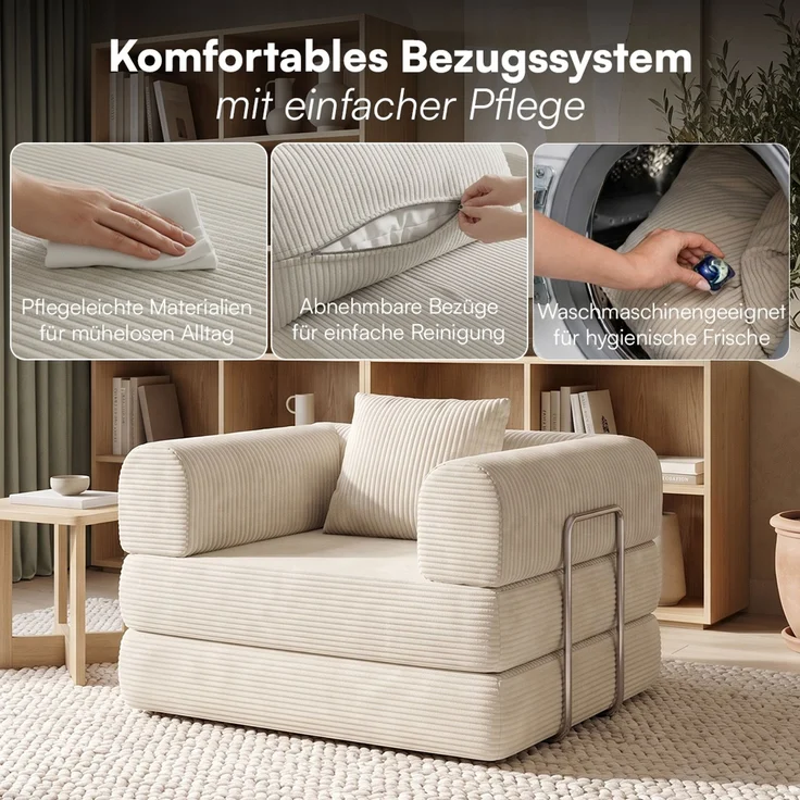 skølm 'Lofn' Modularer Sessel 1 Sitzer, 115x100 cm, Vollschaumcouch mit Metallgestell, Cord beige, Schlafsessel vakuumverpackt, kein Aufbau erforderlich – Bild 7