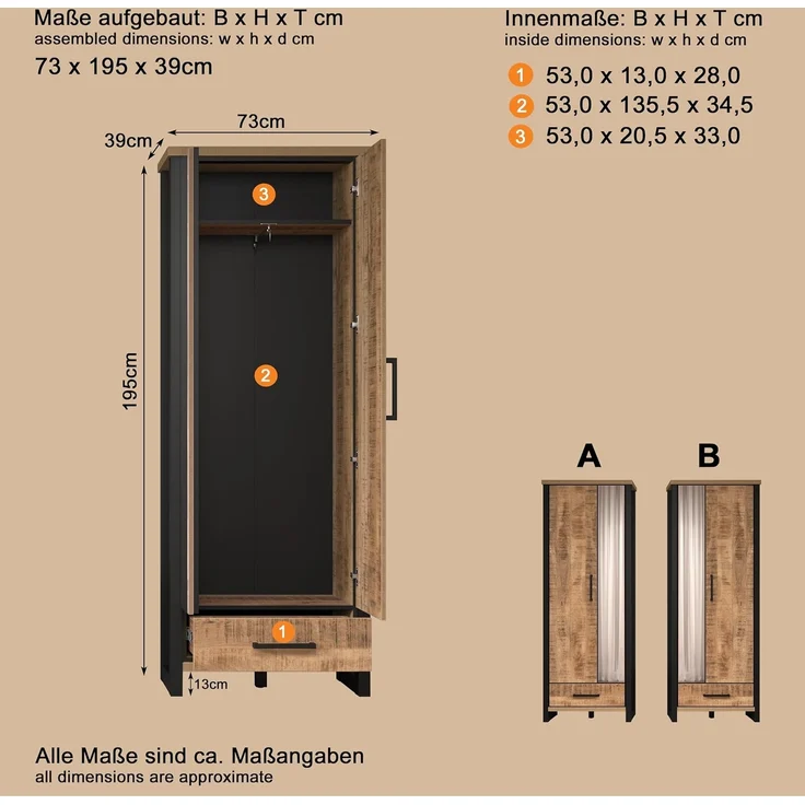 trendteam smart living – Enna – Garderobenschrank – Mango/Schwarz – Schrank mit 2 Türen, 1 Konstruktionsboden und 1 Schublade – (BxHxT) 73 x 195 x 39 cm – ausziehbare Kleiderstange – Bild 3