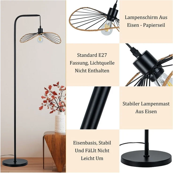 ZMH Stehlampe Wohnzimmer Vintage Metall E27 Stehleuchte Papierschirm Schlafzimmer, ohne Leuchtmittel, Metall & Papier,Höhenverstellbarer Schirm,Schmetterlingsschirm – Bild 4