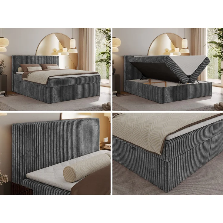 Boxspringbett mit Kopfteil und Topper Visco, Cord Bett - TILIANO - 160 x 200 cm - Grau Cord - H3 – Bild 2