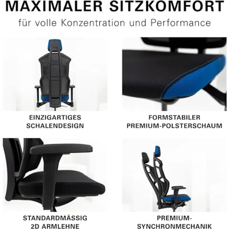 RECARO AER Gamingstuhl – Ergonomischer Gaming Chair | Premium-Polsterschaum | ideal auch als Bürostuhl oder Schreibtischstuhl | individuell einstellbar | 150 Kg – Royal Blue – Bild 4