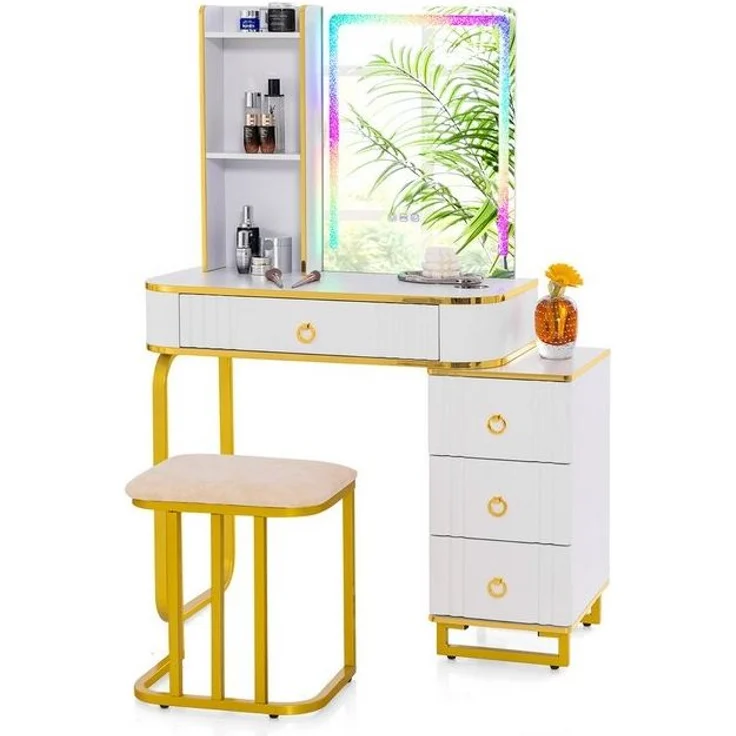 COSTWAY Schminktisch, mit 14 dimmbaren LED-Leuchten, USB-Anschluss, Hocker – Bild 4