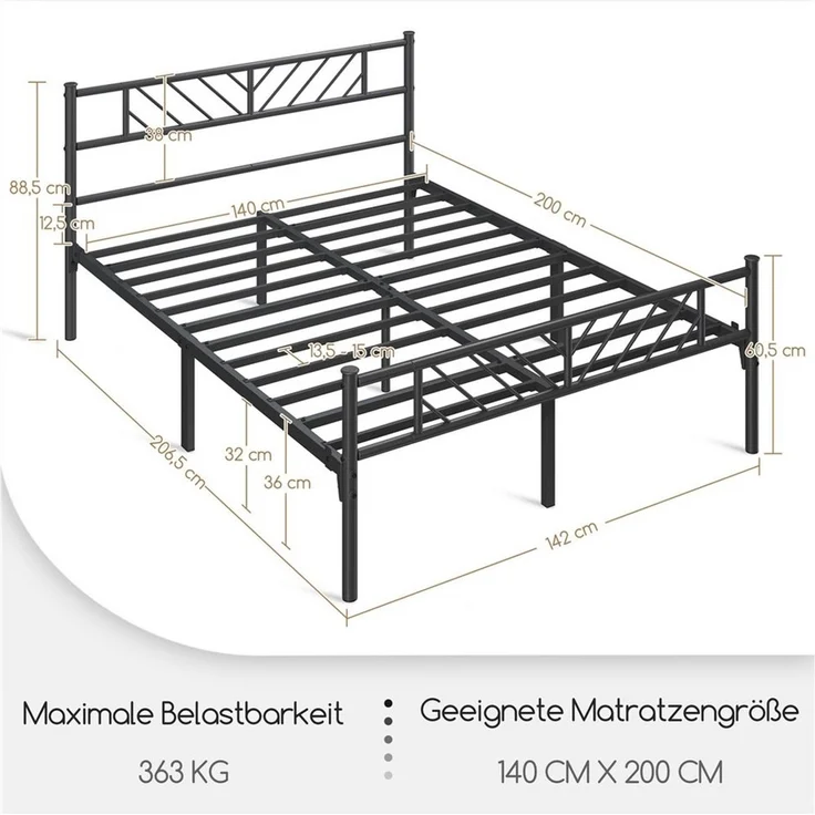 Yaheetech Metallbett Bettgestell, Minimalistischer Bettrahmen mit Kopfteil Gästebett mit Lattenrost, Metall Schwarz, 140x200 cm – Bild 3