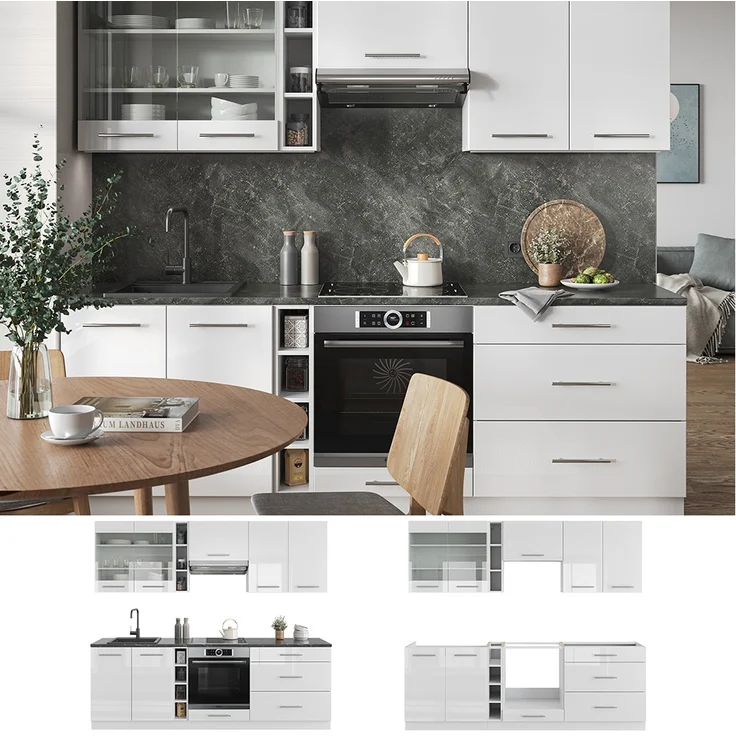 Küchenzeile Fame-Line Weiß Hochglanz/Weiß 235 cm ohne Arbeitsplatte Vicco – Bild 2