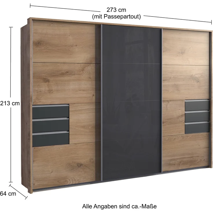 Schwebetürenschrank Kleiderschrank 3trg 273cm Eiche Dekor,Glas Grau Passepartout – Bild 9