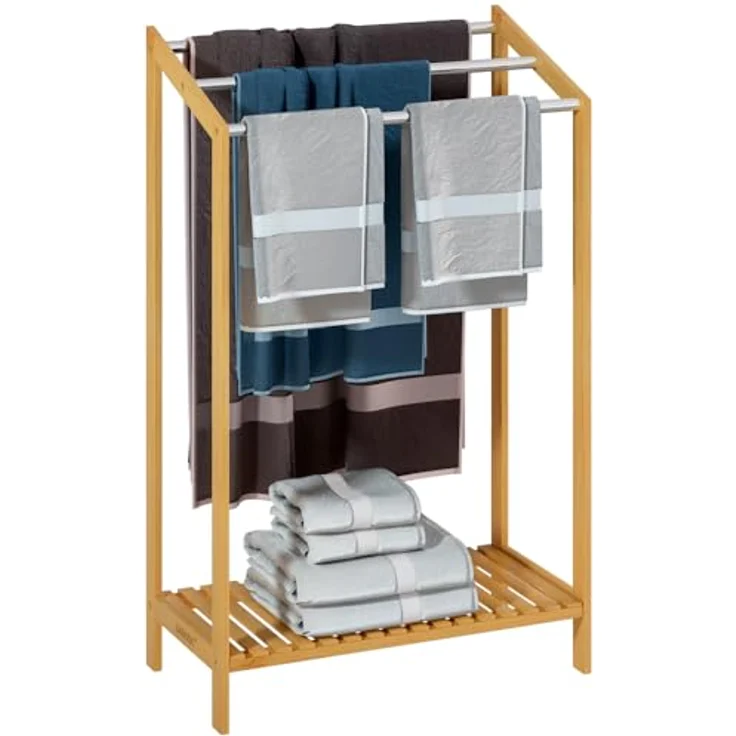 Casaria Handtuchständer, Stehend Bambus Holz Handtuchhalter Ohne Bohren 3 Stangen mit Ablage – Bild 2