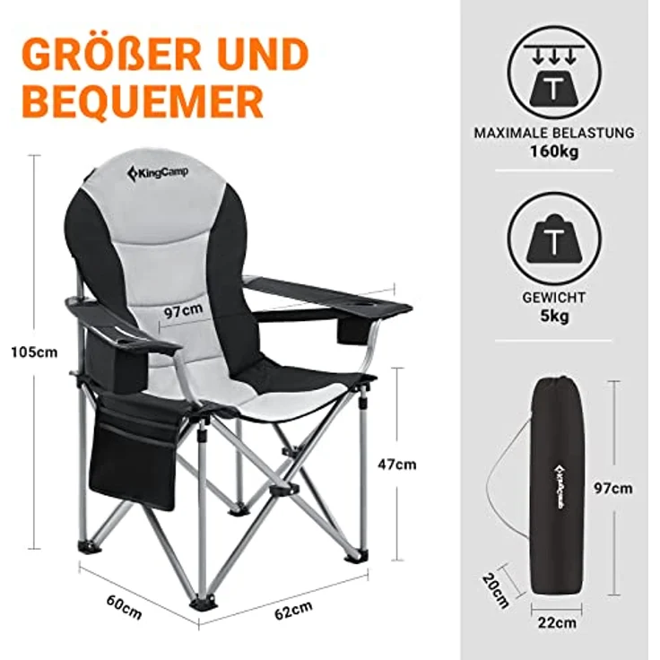 KingCamp Campingstuhl Klappstuhl Angelnstuhl faltbar Rückenlehne und Kühltasche, bis 160 kg belastbar, in Dunkelblau – Bild 3