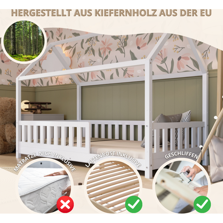 Crazy Pine 'Crazy Blanco' Hausbett mit Rausfallschutz, Skandinavisches Design, Naturholz, Weiß, 80x160 cm, mit Höhenverstellbaren Beinen – Bild 4