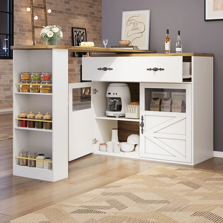 Ausziehbarer Bartisch mit Stauraum(138-204×39×104cm) , 360° drehbare Essbar,Moderner Beweglicher Bar Table,Hochtisch Kücheninsel Bistro Table, Sideboardschrank mit Regalen, weiß – Bild 3
