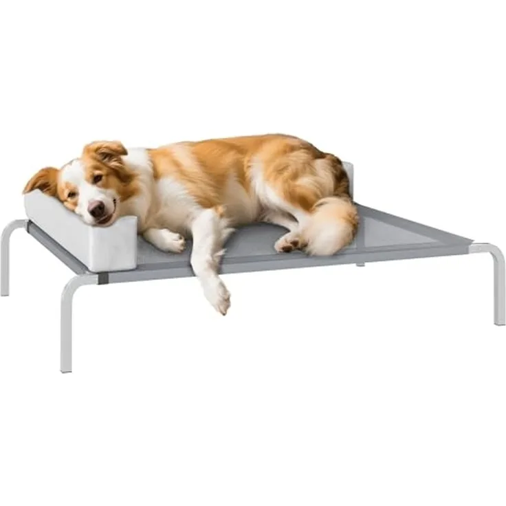 PawHut Tierbett mit L-förmige Kissen, rutschfesten Füßen, Polyester, für Mittelgroße Hunde, für Draußen Camping 110 x 75 x 30 cm, Hellgrau
