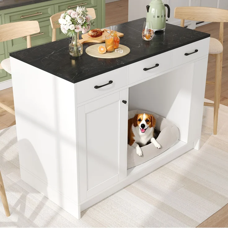 Küchenwagen 120 x 60 x 90 cm mit 3 Schubladen, Gewürzablage und Haustierbereich – weiß – Bild 3