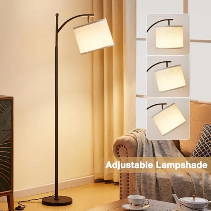 ROTTOGOON Stehlampe für Wohnzimmer mit 3 Farbtemperaturen LED Glühbirne Stehlampen Hoch Industrielle Stehlampe Lesen für Schlafzimmer Büro (9W LED-Glühbirne Beige Lampenschirm enthalten) Schwarz – Bild 6