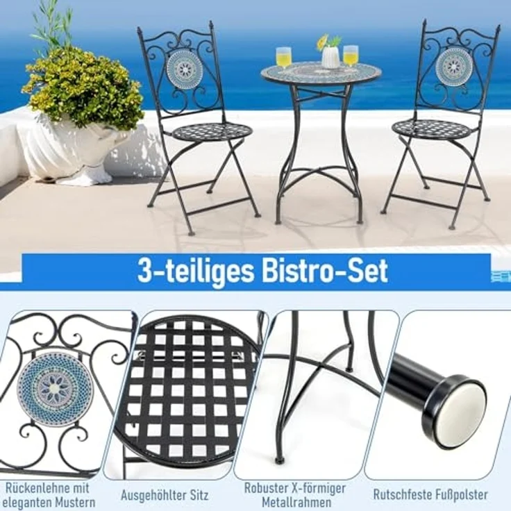 FANTASK Runder Bistrotisch, Beistelltisch mit Mosaikplatte, Sitzgarnitur bis 50kg, Balkonmöbel, Gartenmöbel, für Terrasse, Garten & Balkon (Blau) – Bild 4