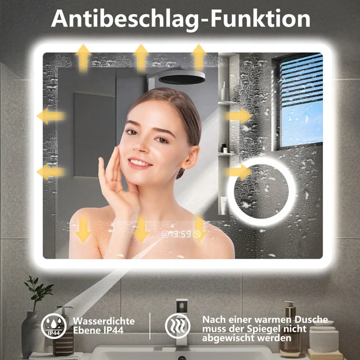 Gimbelen LED Badspiegel 60x100 cm, rechteckig, 3 Lichtfarben dimmbar & Touch-Schalter, Anti-Beschlag, integrierte Uhr & 3-fach Vergrößerung, Speicherfunktion, IP44, für Badezimmer, Silber – Bild 4