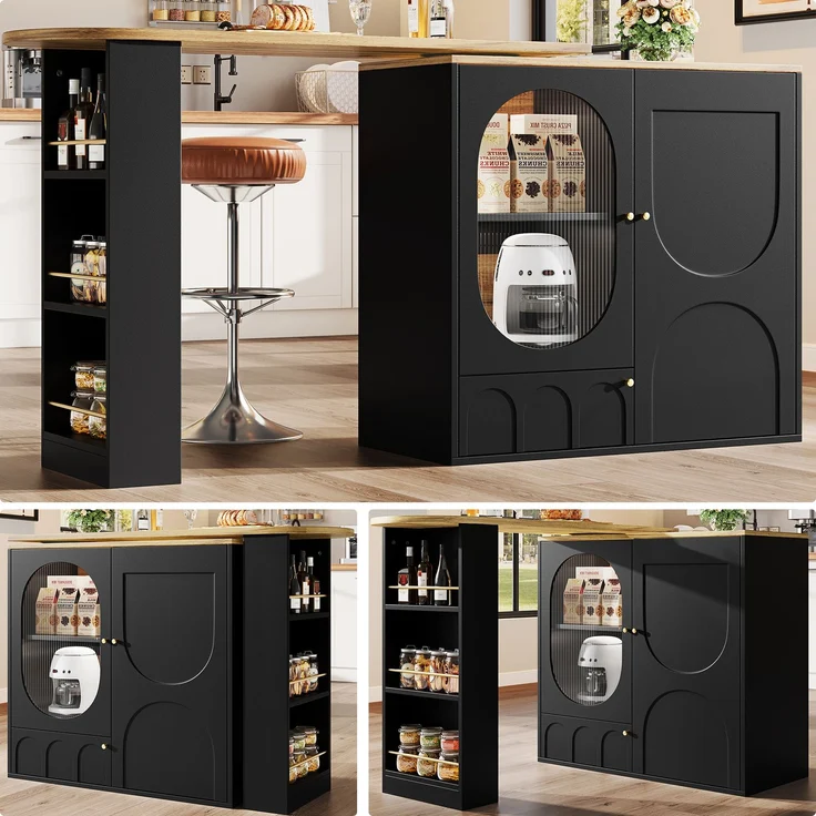 Kücheninsel Stehtisch 204x39x105cm MDF Metall Barwagen Aufbewahrung Drehtisch,Schwarz & Natur – Bild 5